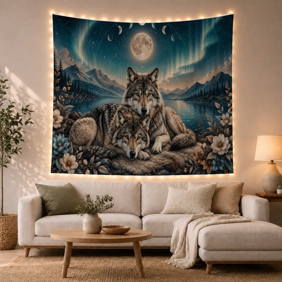 Floral Garden Nocturnal with Wolves Resting Closely, Dreamy Illustration for Nature Lovers, Aesthetic Wall Decor, Mother'S Day Gift, Tapestry Wall Hanging for Dorm and Living Room