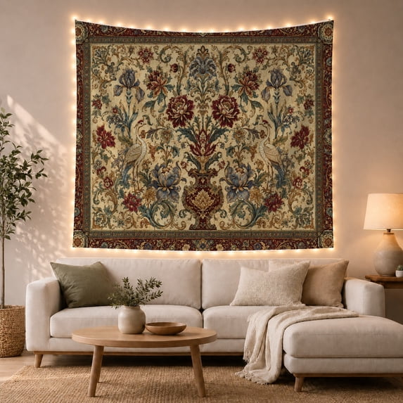 Floral Garden Ornate with Botanical Avian Perfectly Mirrored, Mystical Fantasy for Space Lovers, Galaxy Room Decor, Mother'S Day Gift, Tapestry Wall Hanging for Bedroom and Dorm