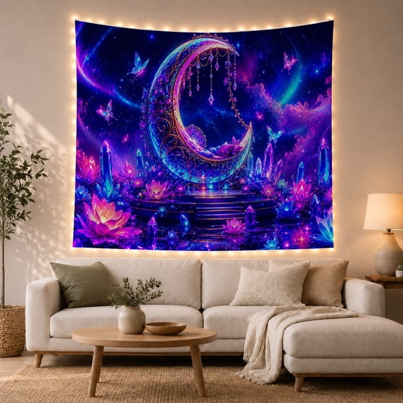 Floral Garden Ornate with Crescent Moon Composed Glowing, Mystical Fantasy for Space Lovers, Galaxy Room Decor, Mother'S Day Gift, Tapestry Wall Hanging for Bedroom and Dorm