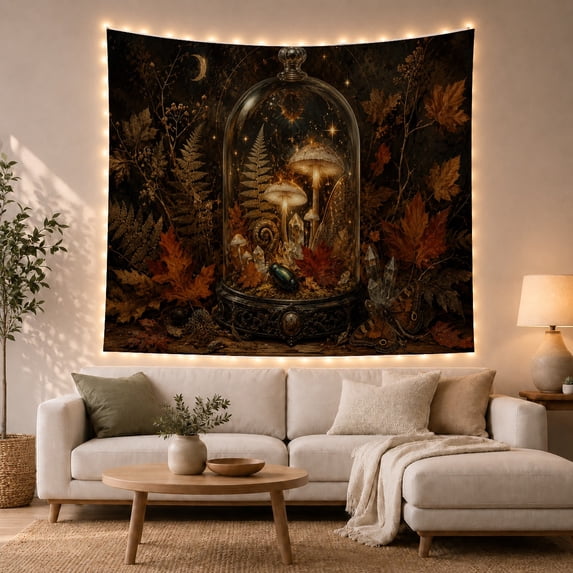 Floral Garden Ornate with Glass Cloche Metal Finial, Mystical Fantasy for Space Lovers, Galaxy Room Decor, Mother'S Day Gift, Tapestry Wall Hanging for Bedroom and Dorm