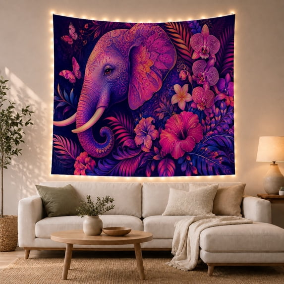 Floral Garden Ornately with Elephant Head Profile Facing, Mystical Fantasy for Space Lovers, Galaxy Room Decor, Mother'S Day Gift, Tapestry Wall Hanging for Bedroom and Dorm