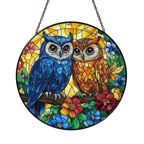 Floral Garden Owl Couple Window Suncatcher with Stained Glass Look, Home Window Decoration