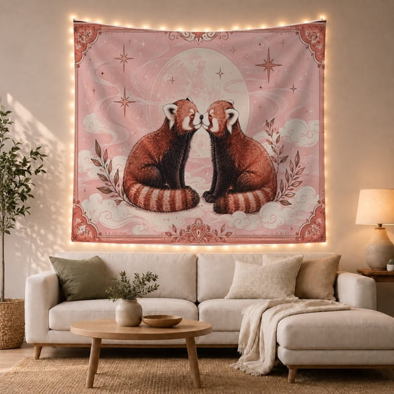 Floral Garden Pandas with Sitting Side Fluffy Clouds, Mystical Fantasy for Space Lovers, Galaxy Room Decor, Valentine'S Day Gift, Tapestry Wall Hanging for Bedroom and Dorm