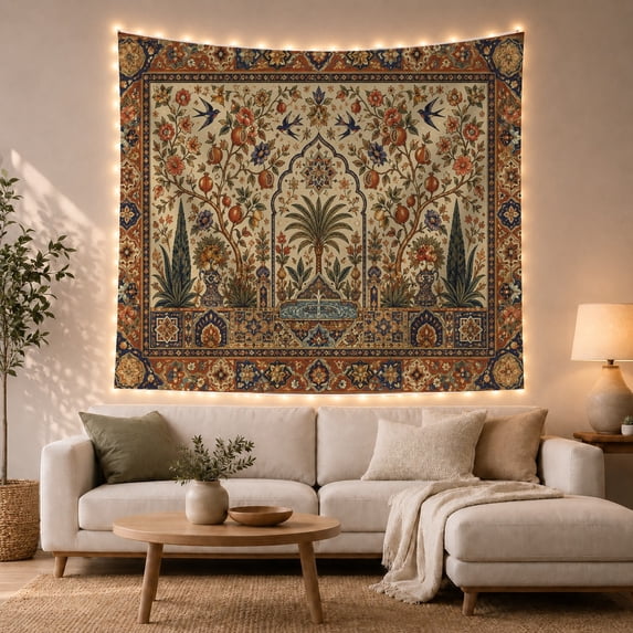 Floral Garden Paradise with Ornate Borders Framed Detailed, Mystical Fantasy for Space Lovers, Galaxy Room Decor, Mother'S Day Gift, Tapestry Wall Hanging for Bedroom and Dorm