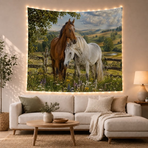 Floral Garden Pastoral with Horses Standing Together Meadow, Mystical Fantasy for Space Lovers, Galaxy Room Decor, Mother'S Day Gift, Tapestry Wall Hanging for Bedroom and Dorm