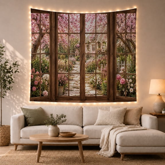 Floral Garden Picturesque with Viewed Through Paneled Wooden, Mystical Fantasy for Space Lovers, Galaxy Room Decor, Valentine'S Day Gift, Tapestry Wall Hanging for Bedroom and Dorm