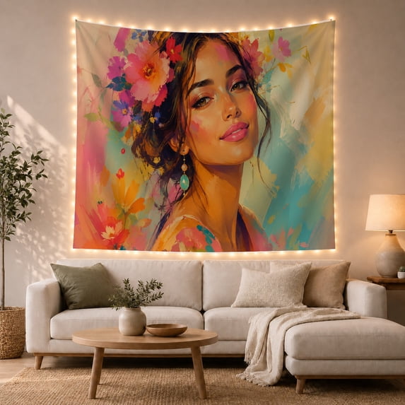 Floral Garden Portrait with Figure Shoulders Painterly Long, Mystical Fantasy for Space Lovers, Galaxy Room Decor, Valentine'S Day Gift, Tapestry Wall Hanging for Bedroom and Dorm