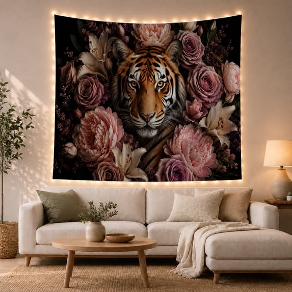 Floral Garden Portrait with Tiger'S Head Facing Directly, Mystical Fantasy for Space Lovers, Galaxy Room Decor, Valentine'S Day Gift, Tapestry Wall Hanging for Bedroom and Dorm