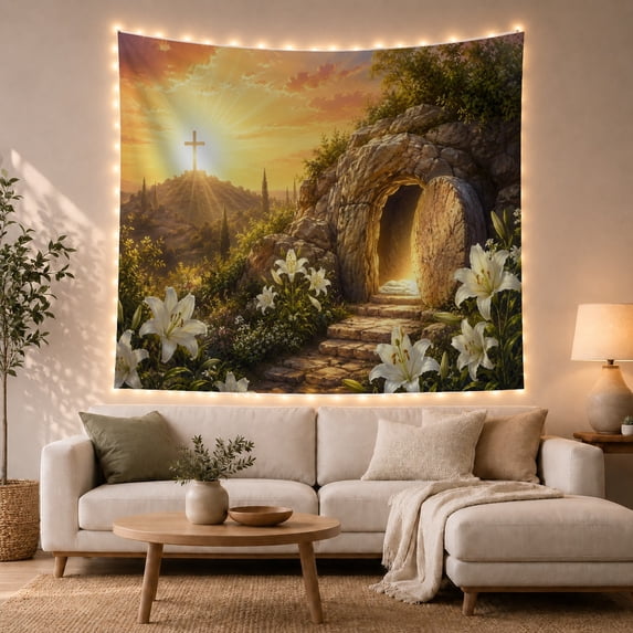 Floral Garden Radiant with Around Empty Stone Tomb, Mystical Fantasy for Space Lovers, Galaxy Room Decor, Mother'S Day Gift, Tapestry Wall Hanging for Bedroom and Dorm