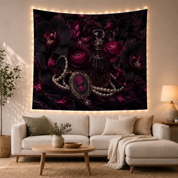 Floral Garden Rich with Still Life Subtle Baroque, Spooky Gothic for Gothic Decor Fans, Dark Art Decor, Halloween Gift, Tapestry Wall Hanging for Bedroom and Dorm