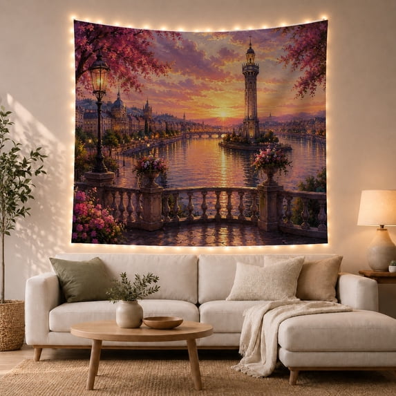 Floral Garden Romanticized with Riverfront Cityscape at, Mystical Fantasy for Space Lovers, Wall Decor, Valentine'S Day Gift, Tapestry Wall Hanging for Dorm and Living Room