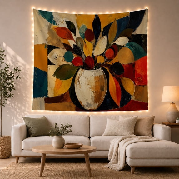 Floral Garden Rounded with Vase Textured Brushstrokes Lower, Mystical Fantasy for Space Lovers, Galaxy Room Decor, Mother'S Day Gift, Tapestry Wall Hanging for Bedroom and Dorm