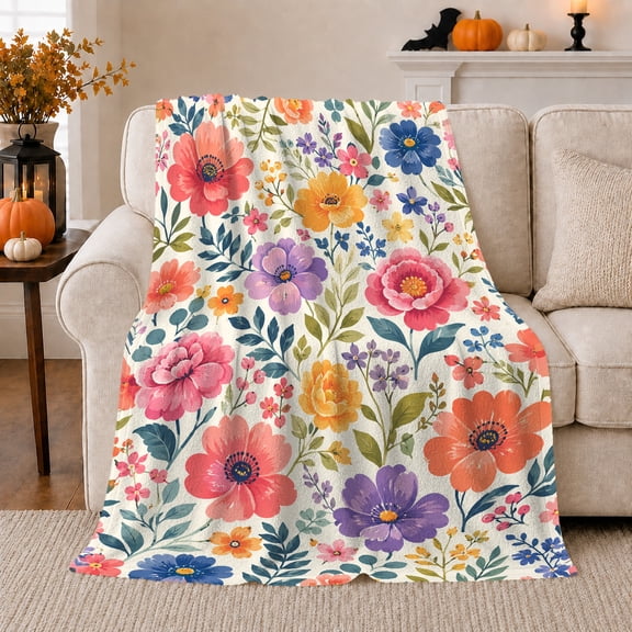 Floral Garden Scene Blooms And Leafy Accents Cheerful Botanical Style Flower Lovers Vintage Botanical Garden Warm Flannel Blanket, Mother's Day Gift for Sunroom and Bedroom Home Decor
