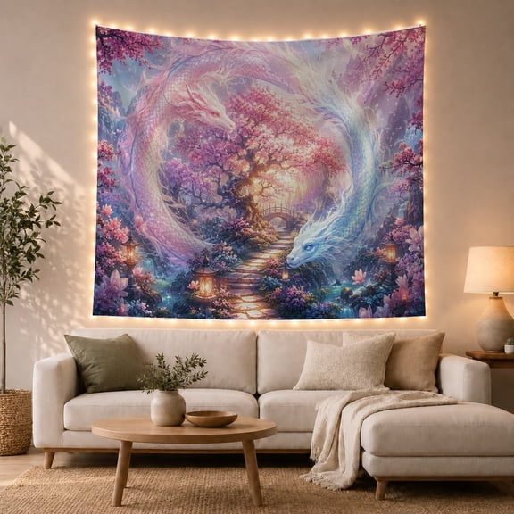 Floral Garden Serpentine with Dragons Framed Left Dragon, Mystical Fantasy for Space Lovers, Galaxy Room Decor, Mother'S Day Gift, Tapestry Wall Hanging for Bedroom and Dorm