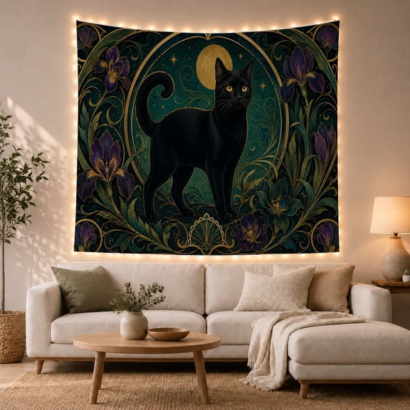 Floral Garden Sleek with Striking Bright Eyes Posed, Playful Illustration for Cat Lovers, Animal Wall Decor, Mother'S Day Gift, Tapestry Wall Hanging for Bedroom and Dorm