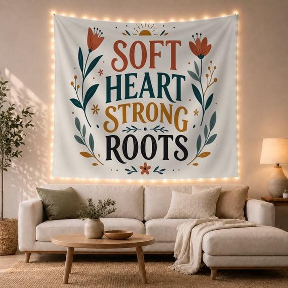 Floral Garden Soft with Heart Strong Roots, Inspirational Illustration for Quote Lovers, Aesthetic Wall Decor, Valentine'S Day Gift, Tapestry Wall Hanging for Dorm and Living Room