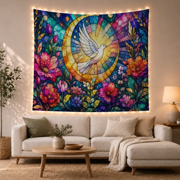 Floral Garden Stained with Glass Around Dove Flight, Mystical Fantasy for Space Lovers, Galaxy Room Decor, Mother'S Day Gift, Tapestry Wall Hanging for Bedroom and Dorm