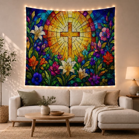 Floral Garden Stained with Glass Around Radiant Cross, Mystical Fantasy for Space Lovers, Galaxy Room Decor, Mother'S Day Gift, Tapestry Wall Hanging for Bedroom and Dorm