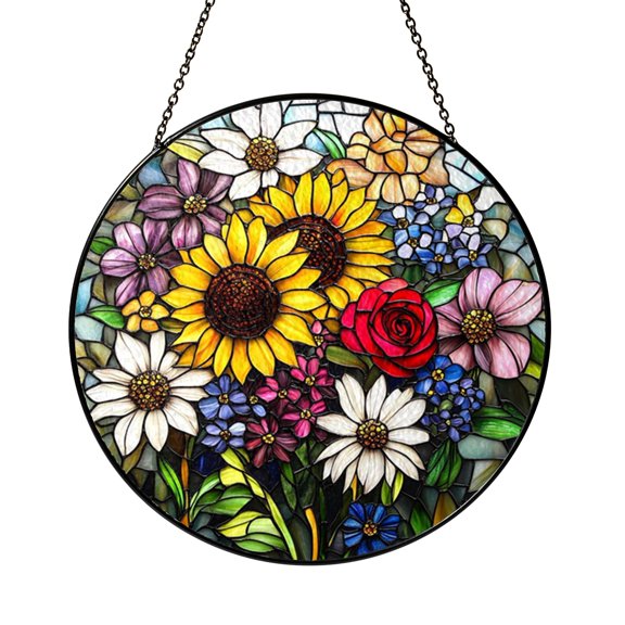 Floral Garden Stained Glass Window Art Panel, Vibrant Botanical Scene Decor for Nature Inspired Living Spaces