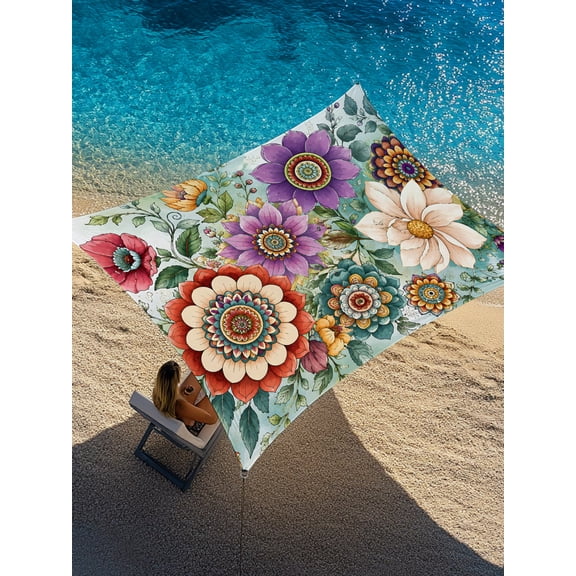 Floral Garden Sun Shade Sail 6.5' x 10', Botanical Peonies Mandalas Dahlias Wildflower Rustic Rectangle Outdoor Sunshade Canopy, Waterproof UV Block Patio Covers for Garden Yard Beach