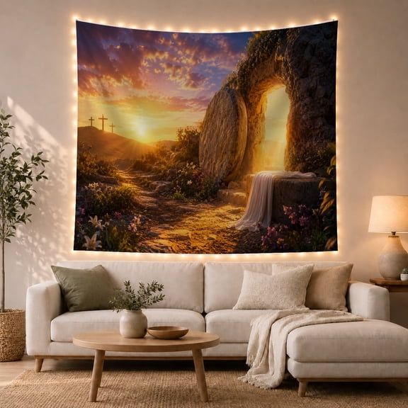 Floral Garden Sunrise with Sunset Empty Tomb Right, Mystical Fantasy for Space Lovers, Galaxy Room Decor, Mother'S Day Gift, Tapestry Wall Hanging for Bedroom and Dorm