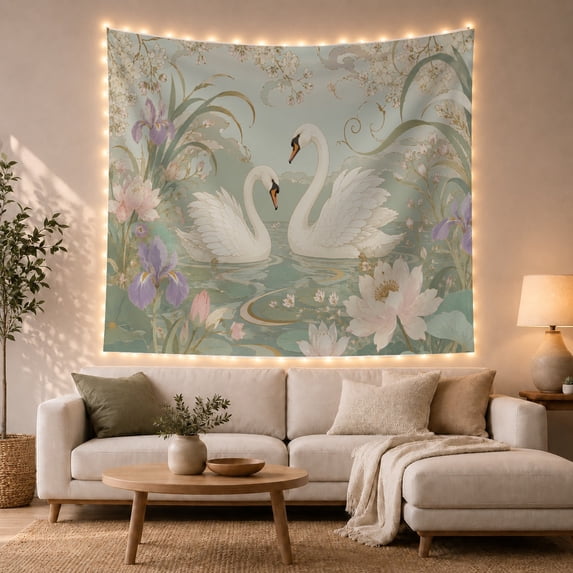 Floral Garden Swans with Calm Body Water Elegant, Nostalgic Vintage for Botanical Art Lovers, Botanical Wall Decor, Valentine'S Day Gift, Tapestry Wall Hanging for Bedroom and Dorm