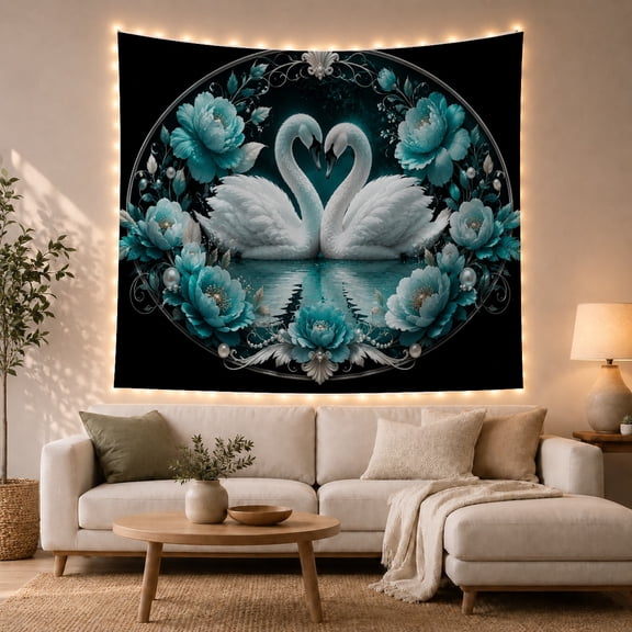 Floral Garden Swans with Facing Another Their Arched, Mystical Fantasy for Space Lovers, Galaxy Room Decor, Valentine'S Day Gift, Tapestry Wall Hanging for Bedroom and Dorm