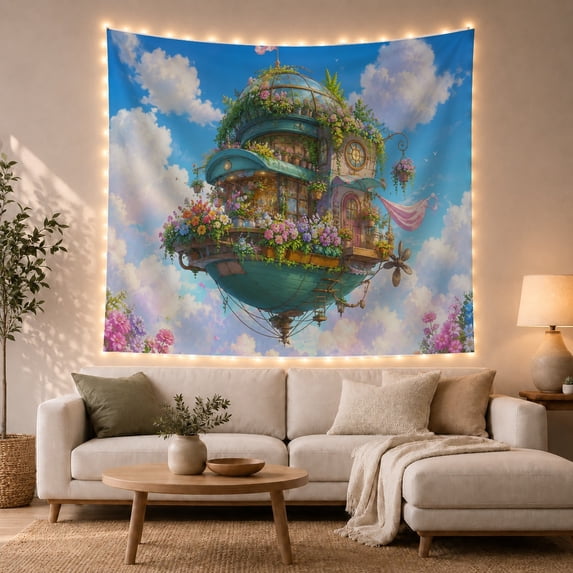 Floral Garden Tiered with Floating Vessel Combines Elements, Mystical Fantasy for Space Lovers, Galaxy Room Decor, Mother'S Day Gift, Tapestry Wall Hanging for Bedroom and Dorm
