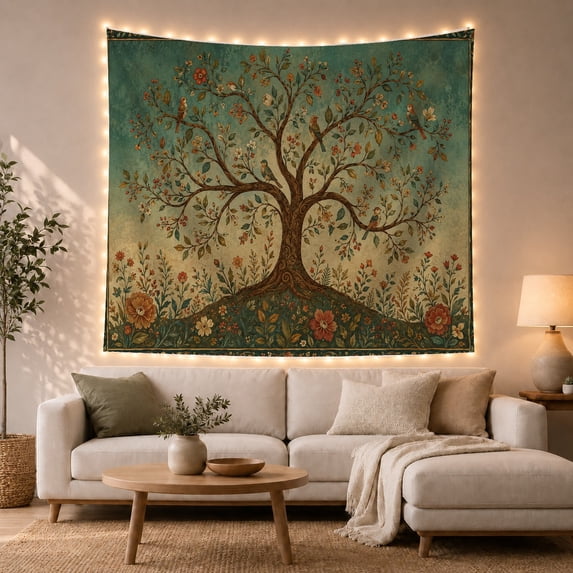 Floral Garden Tree with Transitions Sides Soft Creamy, Mystical Fantasy for Space Lovers, Galaxy Room Decor, Mother'S Day Gift, Tapestry Wall Hanging for Bedroom and Dorm