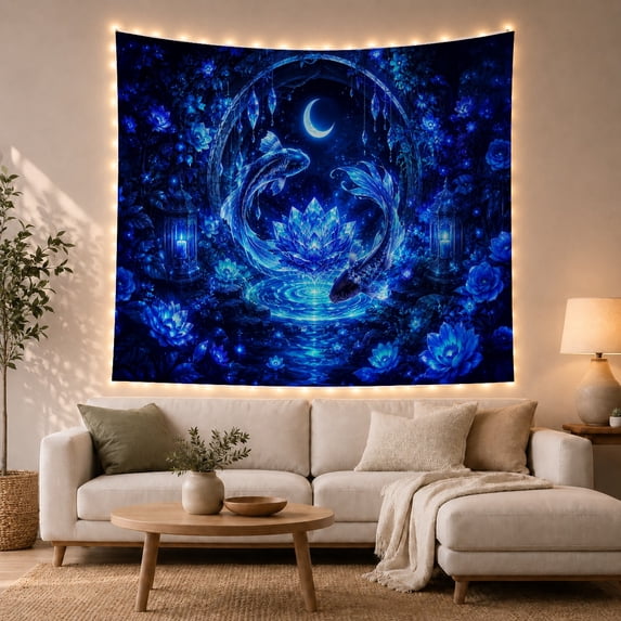 Floral Garden Underwater with Luminous Blues Fish Curve, Mystical Fantasy for Space Lovers, Galaxy Room Decor, Mother'S Day Gift, Tapestry Wall Hanging for Bedroom and Dorm