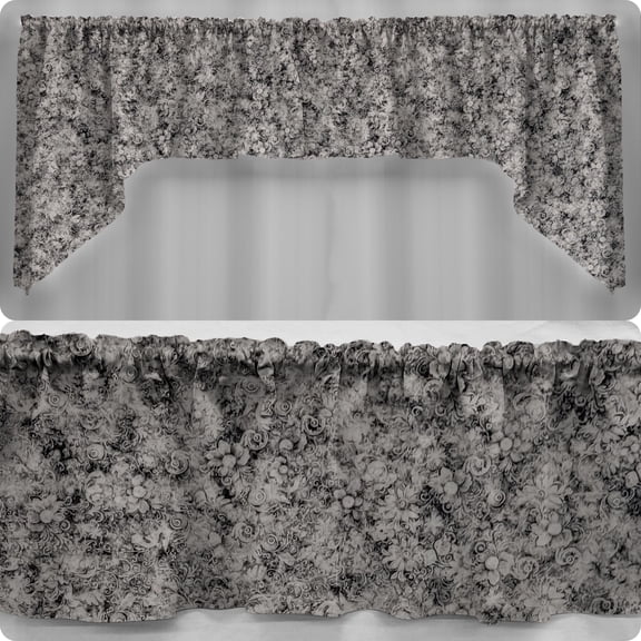 Floral Garden Valance by Penny's Needful Things (One Valance Panel 12 inches Long UNLINED) (Silvery Gray)