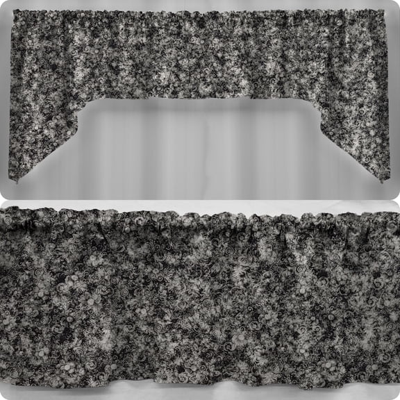 Floral Garden Valances by Penny's Needful Things (Two Valance Panels 15 inches Long LINED) (Black & Gray)