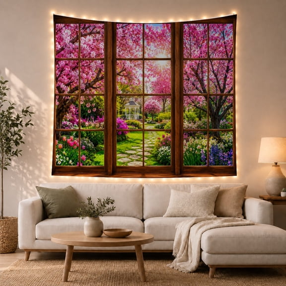 Floral Garden Viewed with Through Panel Wooden Window, Mystical Fantasy for Space Lovers, Galaxy Room Decor, Mother'S Day Gift, Tapestry Wall Hanging for Bedroom and Dorm