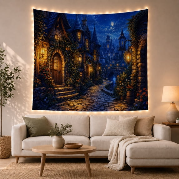 Floral Garden Village with Night Starry Moon Detailed, Mystical Fantasy for Space Lovers, Galaxy Room Decor, Mother'S Day Gift, Tapestry Wall Hanging for Bedroom and Dorm