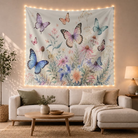 Floral Garden Wildflower with Meadow Filled Fluttering, Nostalgic Vintage for Botanical Art Lovers, Wall Decor, Valentine'S Day Gift, Tapestry Wall Hanging for Dorm and Living Room