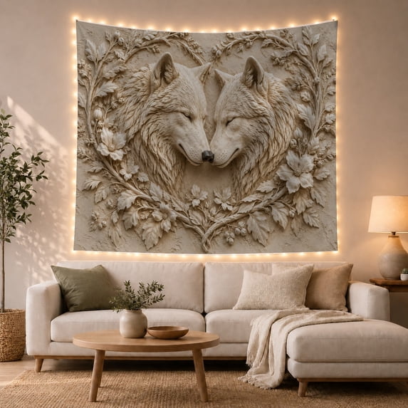 Floral Garden Wolf with Heads Facing Each Other, Mystical Fantasy for Space Lovers, Galaxy Room Decor, Mother'S Day Gift, Tapestry Wall Hanging for Bedroom and Dorm