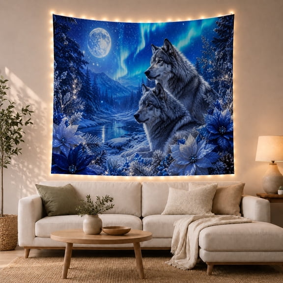 Floral Garden Wolves with Right Side Chest Both, Mystical Fantasy for Space Lovers, Galaxy Room Decor, Christmas Gift, Tapestry Wall Hanging for Bedroom and Dorm