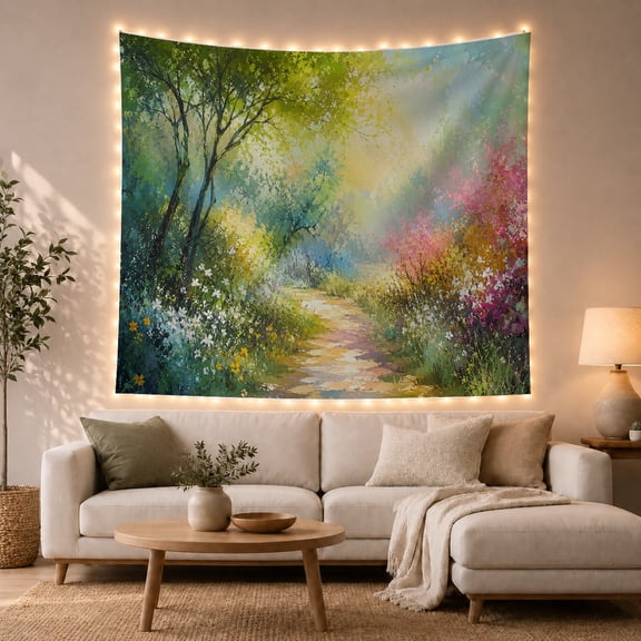 Floral Garden Woodland with Path Impressionistic Painterly, Mystical Fantasy for Space Lovers, Wall Decor, Mother'S Day Gift, Tapestry Wall Hanging for Dorm and Living Room