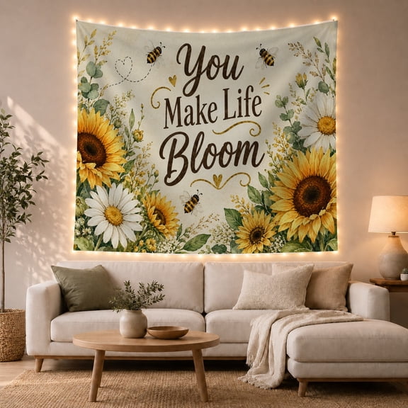 Floral Garden You with Make Life Bloom Element, Inspirational Illustration for Quote Lovers, Typography Wall Art, Valentine'S Day Gift, Tapestry Wall Hanging for Bedroom and Dorm