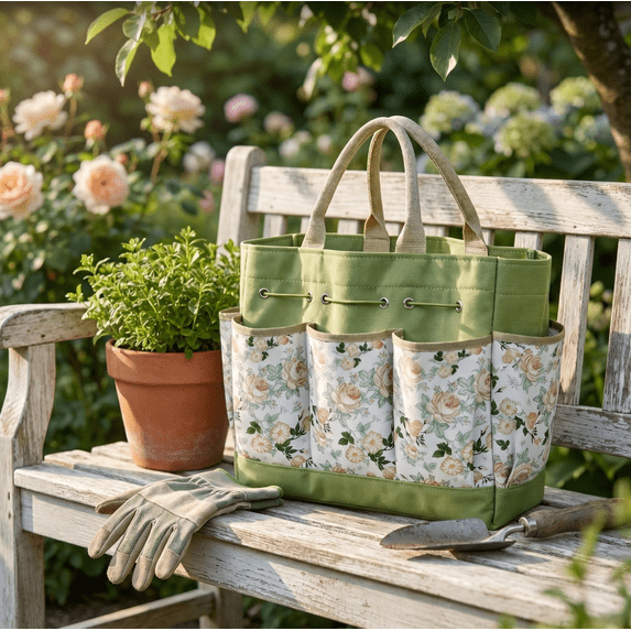 Floral Gardening Tools Bag for Women Gardening Tote with Pockets Outdoor Storage Organizer Gifts Gardening Gifts for Women, Men, Mom, Canvas Yard Work Carrier for Spring Planting Decor, Green