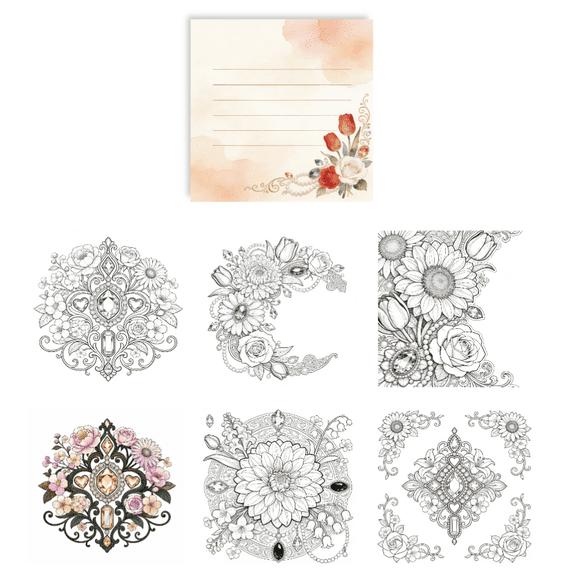 Floral & Gem Themed Sticky Notes - 100 Pcs Double-Sided, Original No-Repeat Coloring & Relaxation Writing
