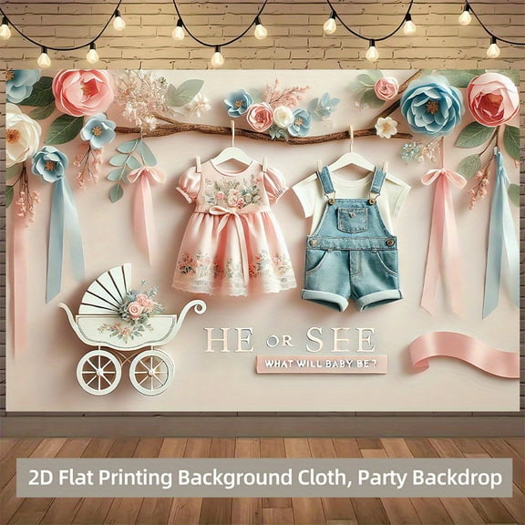 Floral Gender Reveal Backdrop with HE or SHE What Will Baby Be Photography Background Pink Blue Flower Ribbon Gender Reveal Party Decorations Banner Supplies Photo Booth Props