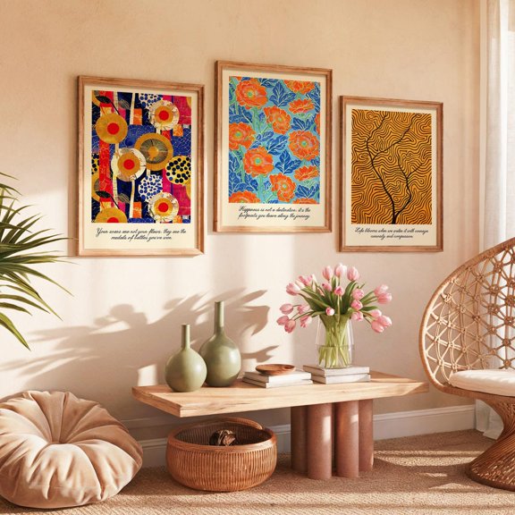 Floral Geometric Abstract Art Prints Boho Chic Wall Decor Set 3 Stretched Canvas 16x24