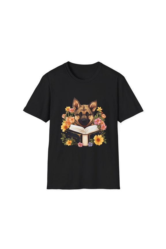 Floral German Shepherd T-Shirt, Dog Lover Gift, Animal Tee, Book Lovers Apparel,