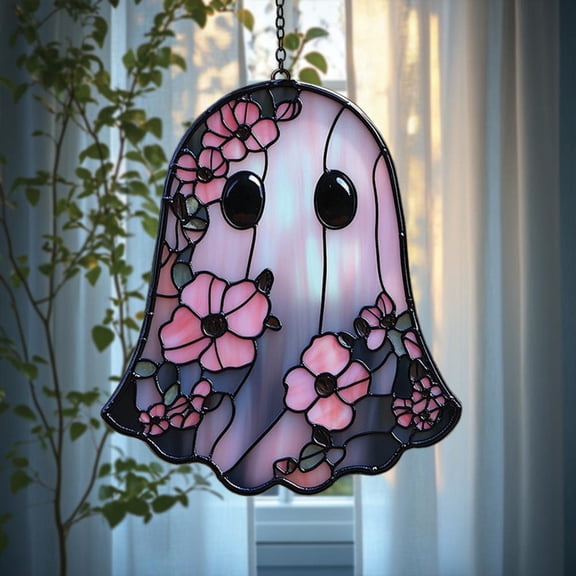 Floral Ghost Acrylic Window Hanging Faux Stained Glass Suncatcher With Pink Flowers, Cute Spooky Decor For Halloween Or Fall