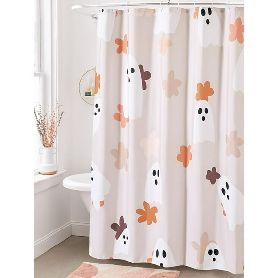 Floral Ghost Bathroom Shower Curtain Set with Hooks, 180GSM Heavy Duty Fabric Shower Curtains, 72 x 72 Cute Boho Abstract Spooky Halloween Shower Curtain for Bathroom Halloween Aesthetic Decor