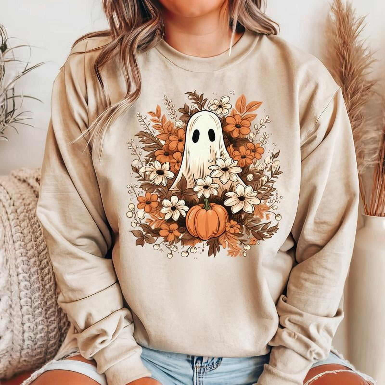 Floral Ghost Crewneck Sweat Fit Sand Women or Men Polyester