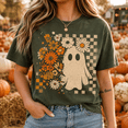 thumbnail image 1 of Floral Ghost Halloween T-Shirt, Retro Daisy Checker Graphic Tee, Comfort Colors Spooky Season Fall Apparel Gift for Women - Moss, 3XL, 1 of 5