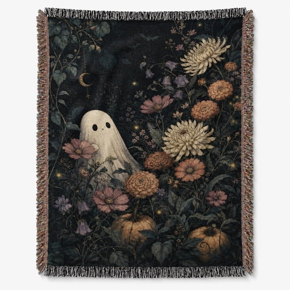 Floral Ghost Woven Cotton Throw Blanket with Fringe, Halloween Decor