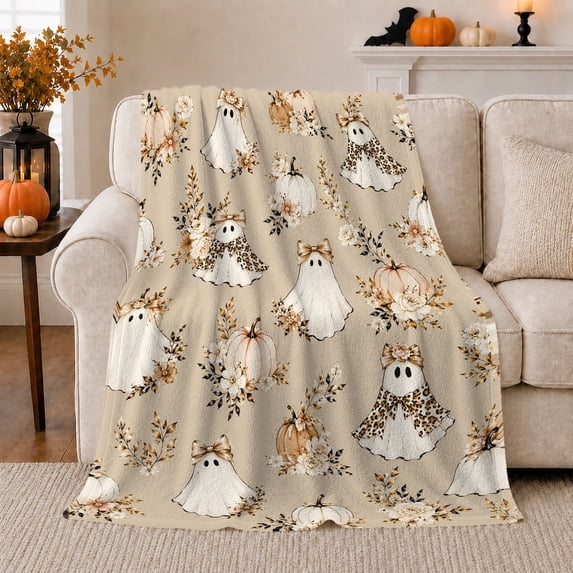 Floral Ghosts with Pumpkins and Leopard Bows, Serene Boho Style for Halloween Lovers, Pumpkin Flower Motif and Halloween Gift, Cozy Flannel Blanket for Bedroom and Reading Nook, Rustic Home Decor